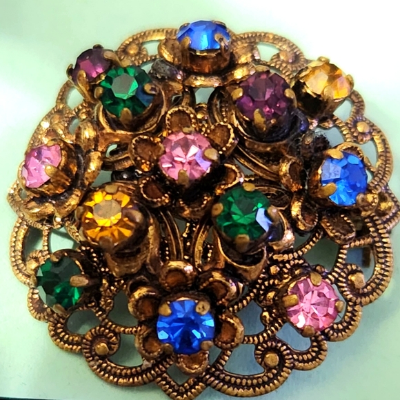 West Germany gold tone filigree multi color gorgeous brooch w matching earrings! - Picture 5 of 16